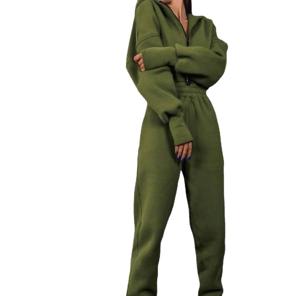 Herbst Neue Mode Zipper Pullover Mit Kapuze Overall frauen Einfarbig Langarm Casual Sportlich Warme Einteiliges Overall Frauen XL armee grüne