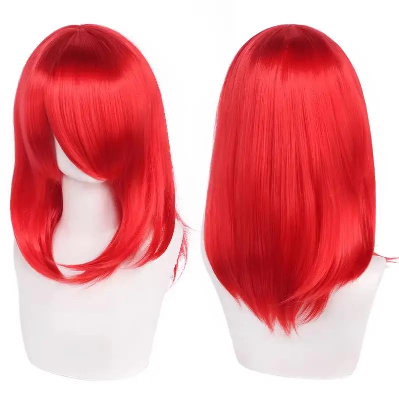 QQXCAIW Hohe Qualität 40cm Mittellange Cosplay-Perücke Mit Pony Schwarz Blond Pink Rot Blau Lila Hitzebeständiges Synthetisches Haar-Perücken rot