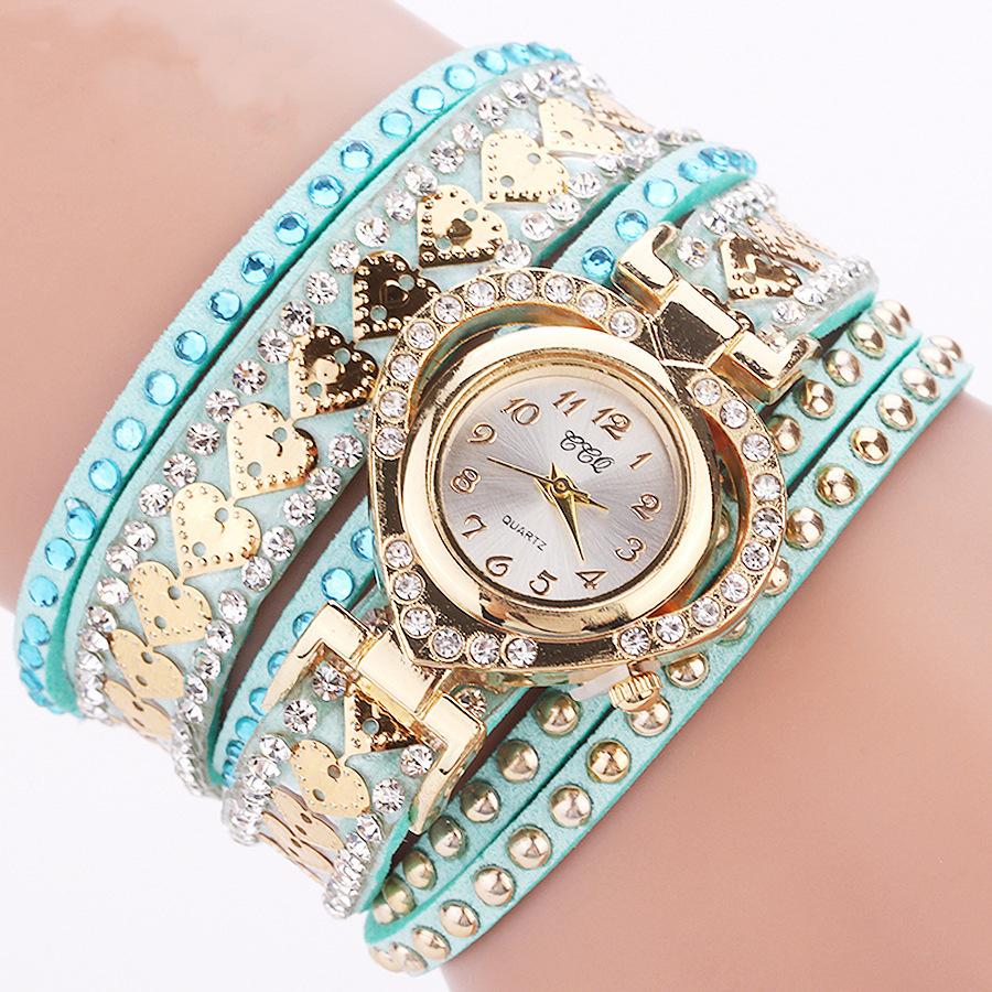 Frauen Armband Leder Quarz Strass Armbanduhren Uhr Damen Kleid Uhren Geschenk himmelblaue