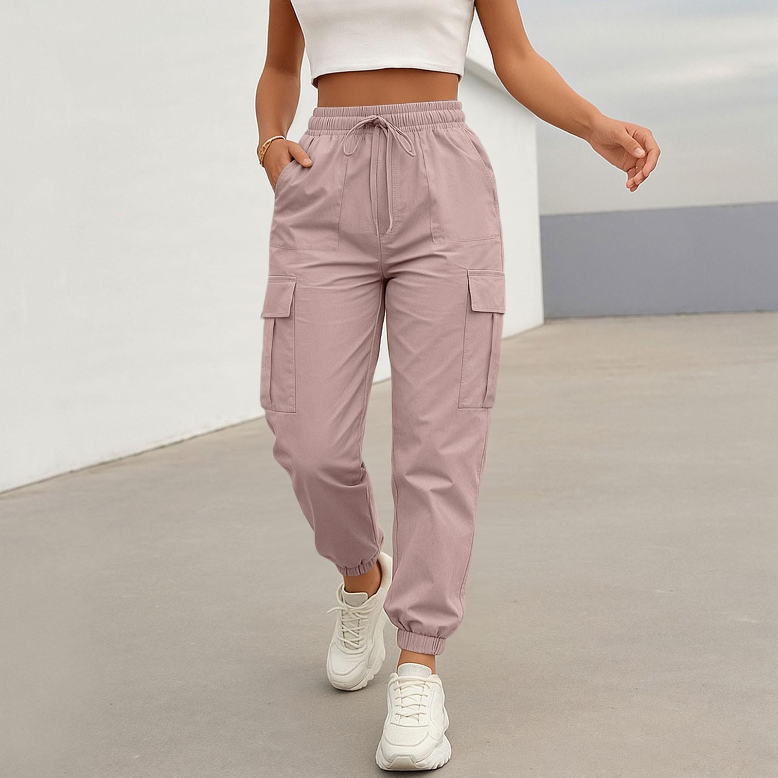 Damen Casual Cargo Hose Einfarbig Jogger mit Kordelzug in der Taille, Elastischer Bund, Mehrere Taschen Hose XL rosa