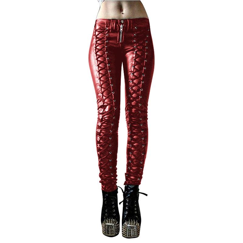 Damen Gothic Punk Lederhose Einfarbig Bandage Skinny Party Nachtclub Lederhose S rot