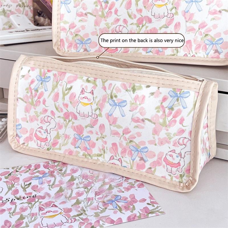 Niedliche Rosa Tulpen Kätzchen Katze Transparentes Mäppchen Große Kapazität Tragbar Mädchenhaft Make-up Taschen Studenten Schreibwaren Stifte Aufbewahrungstaschen