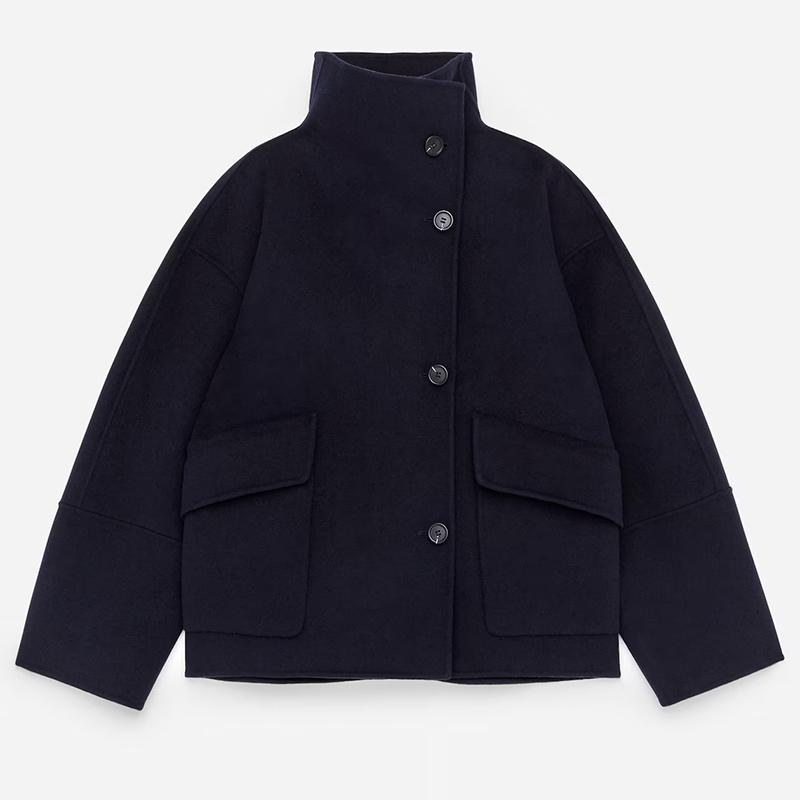Elegante einfarbige Mäntel Damen Vintage Stehkragen Einreihig Große Taschen Jacken 2025 Herbst Winter Mode High Street Oberbekleidung L navy blau