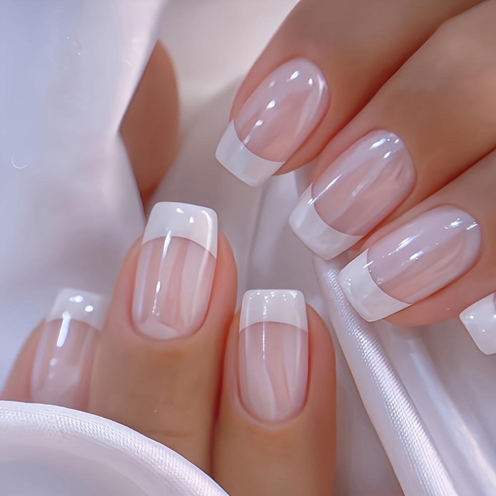 24-teiliges schickes French Tip Press-On Nails Kit – Glänzendes Aurora-Weiß und Pink, mittellanges French Tip-Set für künstliche Nägel W762-5