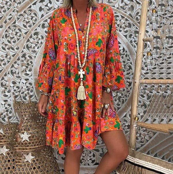 Plus Size Damenmode, locker, lässig, V-Ausschnitt, langärmelig, Blumendruck, Sommerkleid 5XL orange