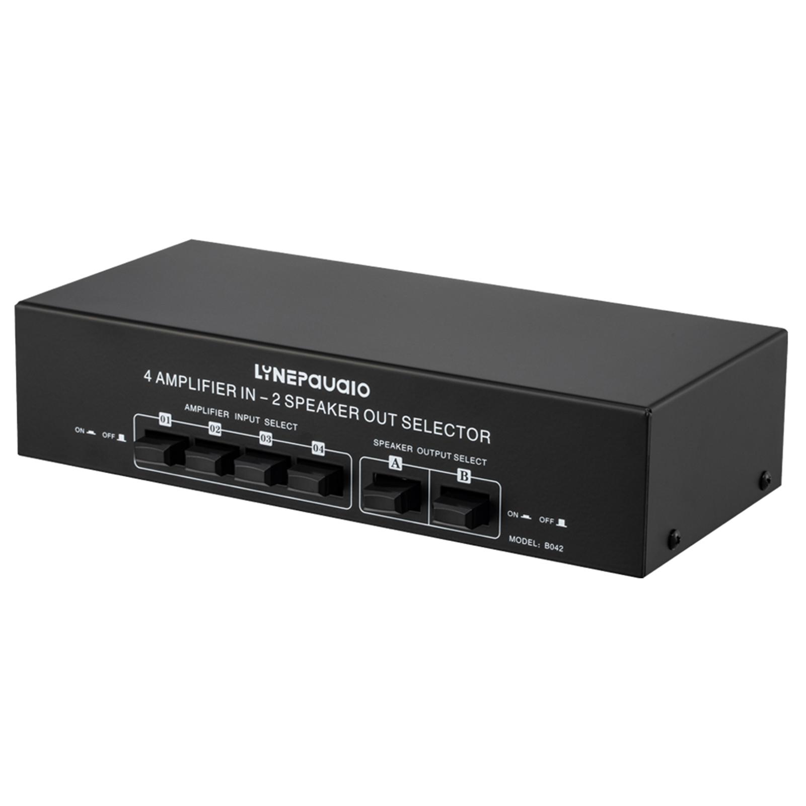 4 In 2 Out Audio Switcher Audio Signal Selector Distributor Splitter Box mit Bananensteckern schwarz