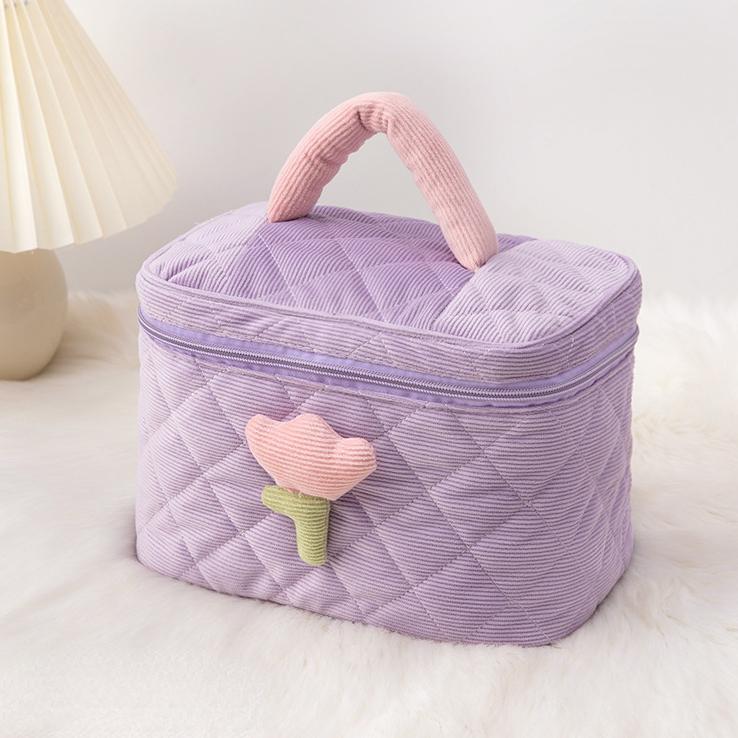 Blumen-Make-up-Tasche mit Reißverschluss, große weiche Cord-Kosmetiktasche, weibliche Reise-Make-up-Schönheitstasche violett