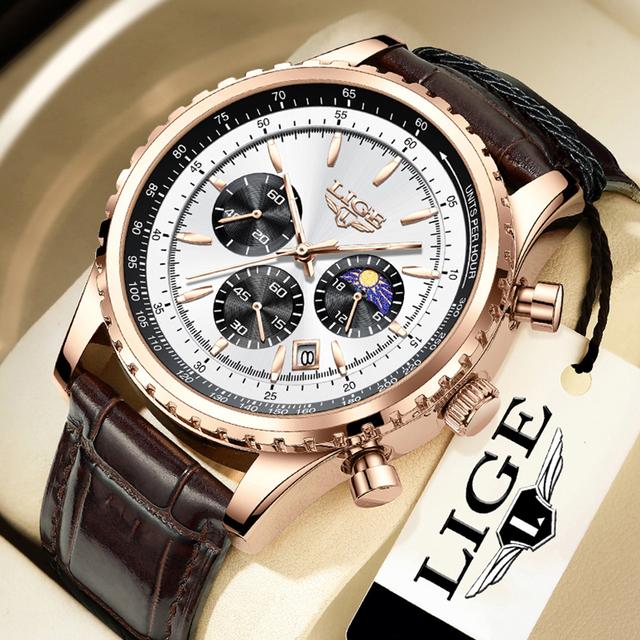 LIGE Neue Herrenuhren Top-marke Luxus Männer Armbanduhr Leder Quarzuhr Sport Wasserdicht Datum Chronograph gold/weiß