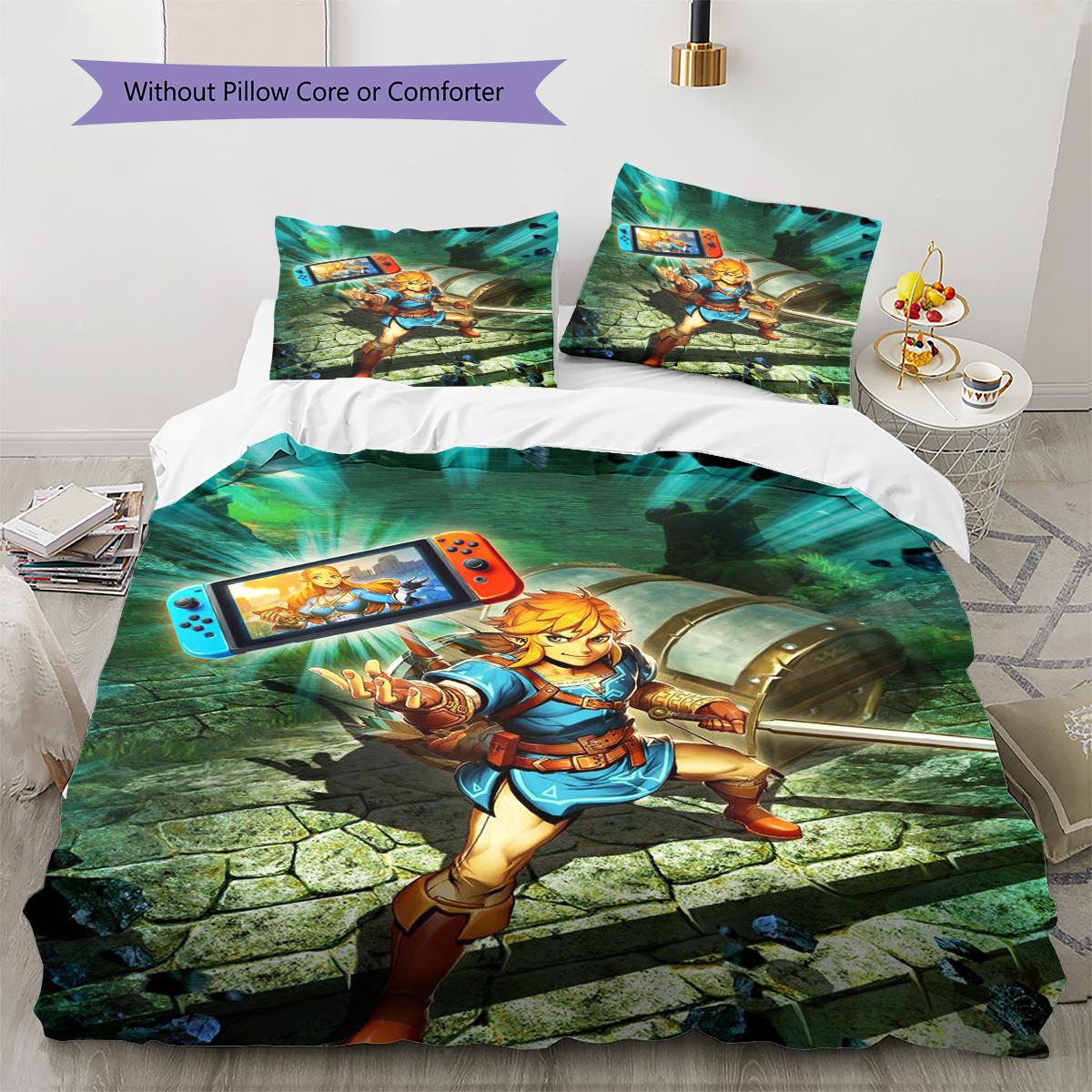 Link Zelda Muster Bettwäsche Steppdecke Set Bettbezug Kissenbezug Heimdekoration Geschenk (1 Bettbezug + 2 Kissenbezüge, ohne Füllung) 135x200cm