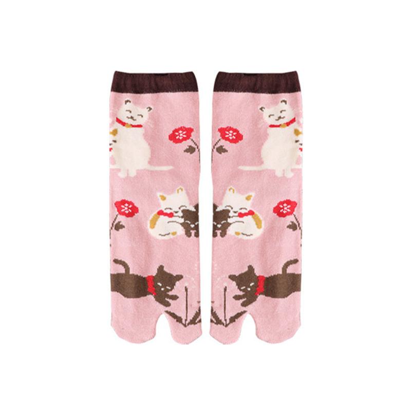Süßer Cartoon-Katzenaufdruck Zwei-Finger-Socken Unisex Japanische Kimono Flip-Flop-Sandalen Gespaltene Zwei-Zehen-Socken Damen Herren Tabi-Socken Harajuku rosa
