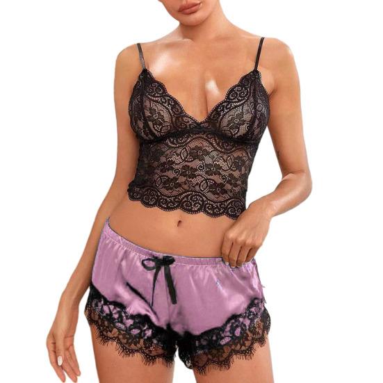 Yousheng Damen Schlafanzug Set Spitze Schlafanzug Oberteil Satin Shorts mit Schwarzer Seiden Schleife und Spitzenbesatz Sexy Spitze Camisole Set für Damen Haus Schlafanzug M rosa