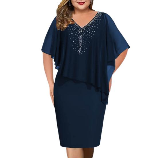 Frauen Party Kleid V-ausschnitt Kurzarm Einfarbig Unregelmäßigen Strass Dekor Kleid-up Bodycon Plus Größe Chiffon Dame Bankett kleid 3XL dunkelblaue