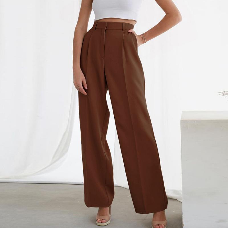 Mode lockere Damen High Waist Weitbein Hose Lässig Elegant Tasche Reißverschluss Büro Dame Lange Hose Weiblich Grün Chic Hose 20982 S braun