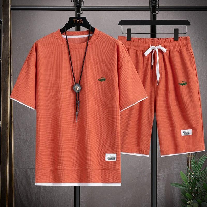 8 Farben S-4XLCasual Anzug Sommer Neue Waffel Lose Casual Zwei-stück Set Grenzüberschreitende Sport Anzug männer Kurze Ärmel S orange