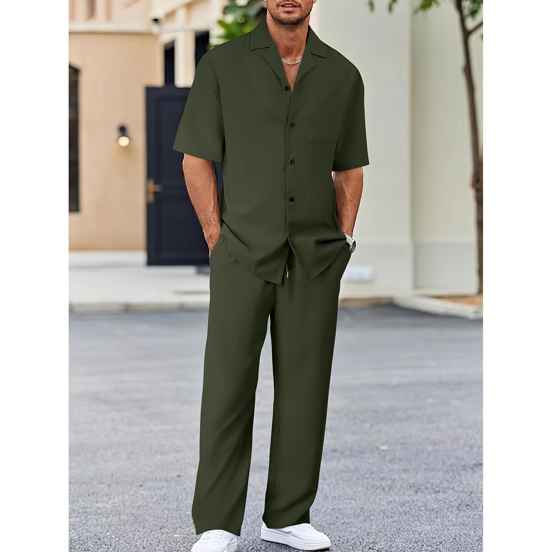 (Hemd+Hose) Sommer Herrenmode Klassisches Hemd Herren Business Casual Shirts Herren Ein Satz Kleidung M grün