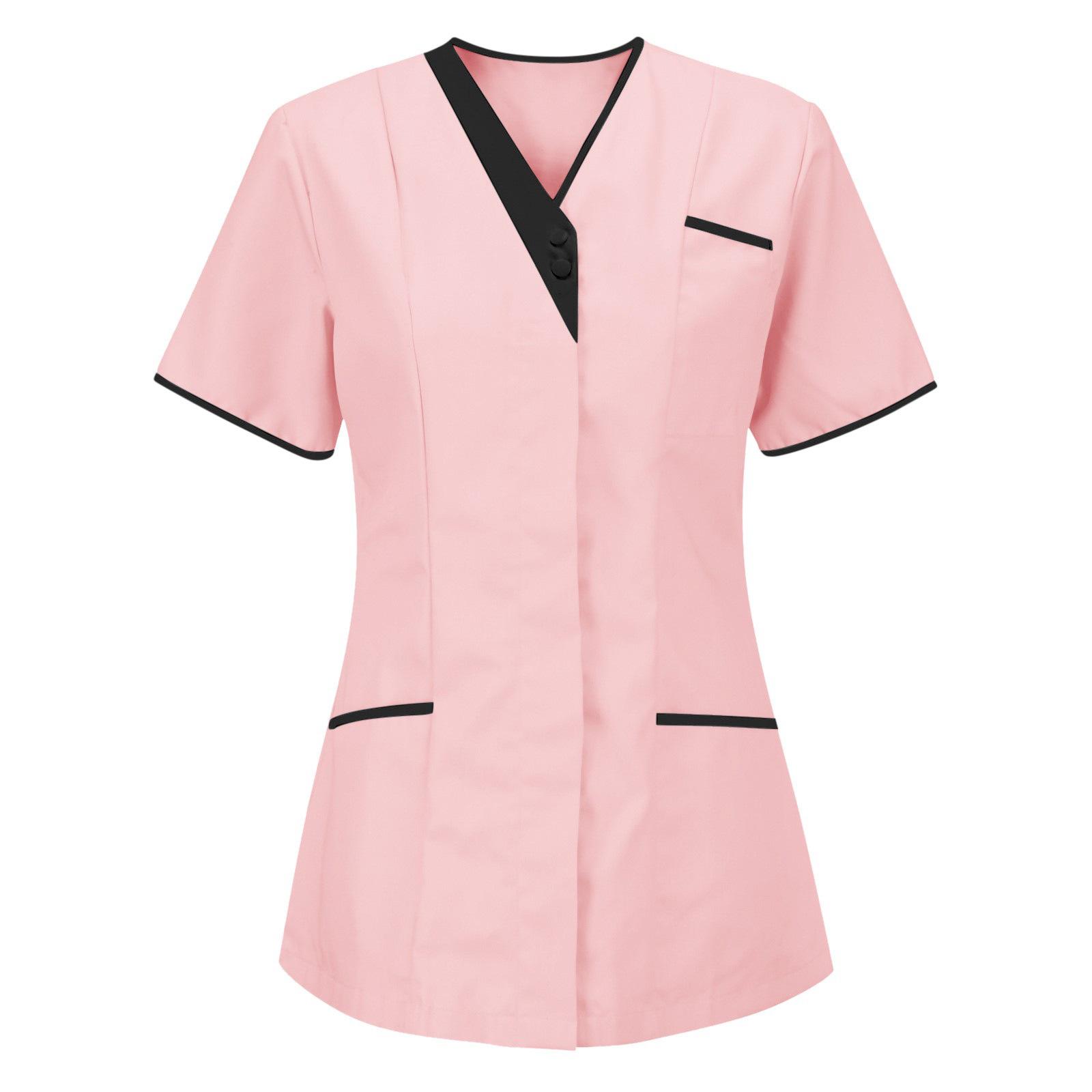 Schönheitssalon Arbeitskleidung Arzt Kurzarm Oberteil V-Ausschnitt Krankenschwester Uniform Einfarbiges Oberteil L rosa
