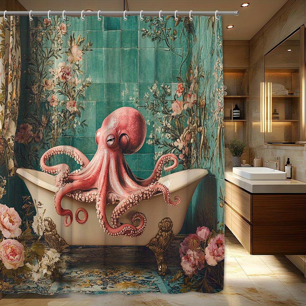 1 Stück Skurriger Oktopus in Vintage Badewanne Duschvorhang - Surreal Türkis Geflieste Wand & Florale Akzente Design, Waschmaschinenfest Po 150x180cm