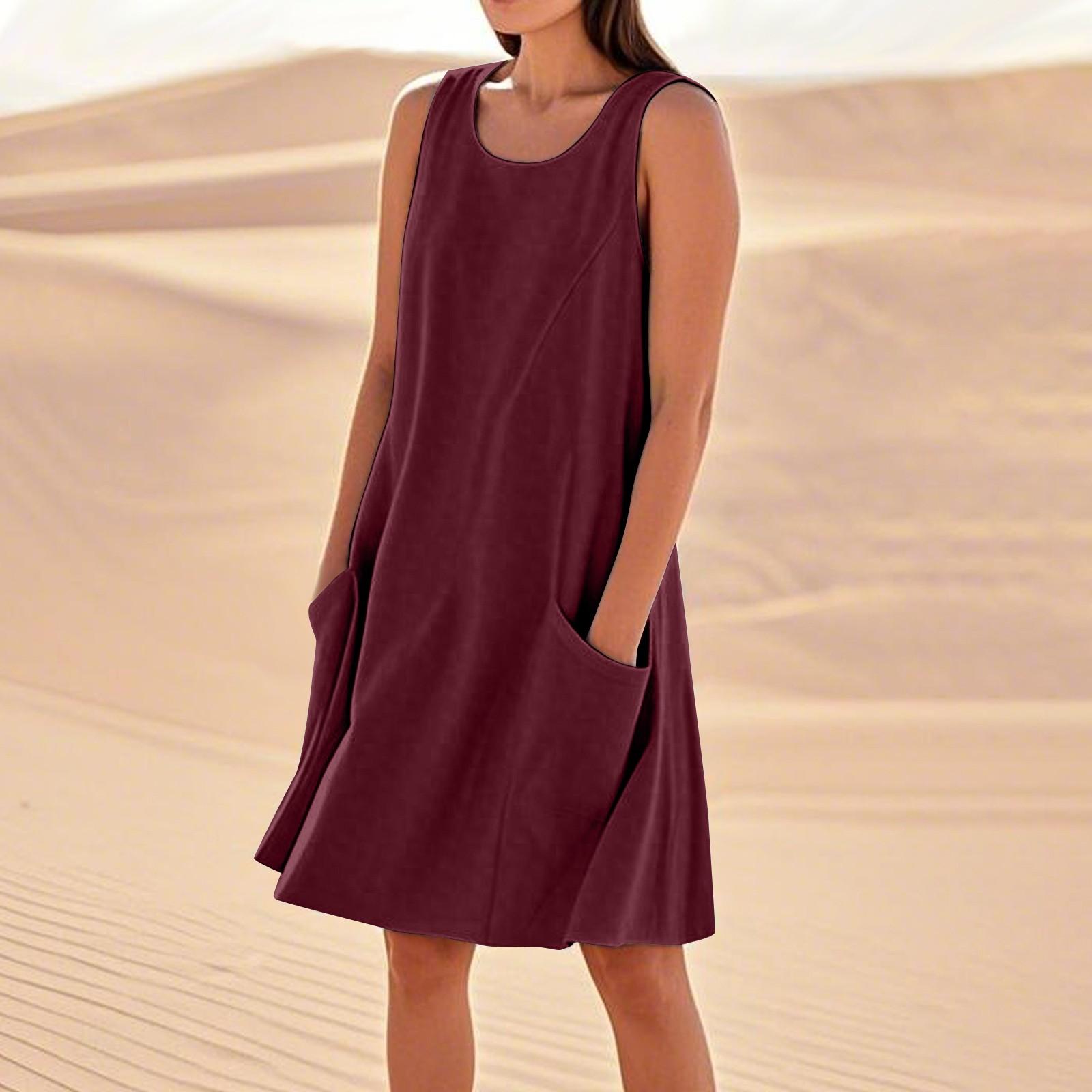 Sommerkleider für Damen, lockerer Strandurlaub, lässig, ärmellos, Sommerkleider mit Taschen, Tankkleid XXXL
