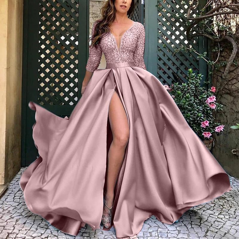 Frauen Kleid Mode Elegante Sexy V-ausschnitt Langarm Hohe Taille Hochzeit Party Abendkleid Kleider S rosa