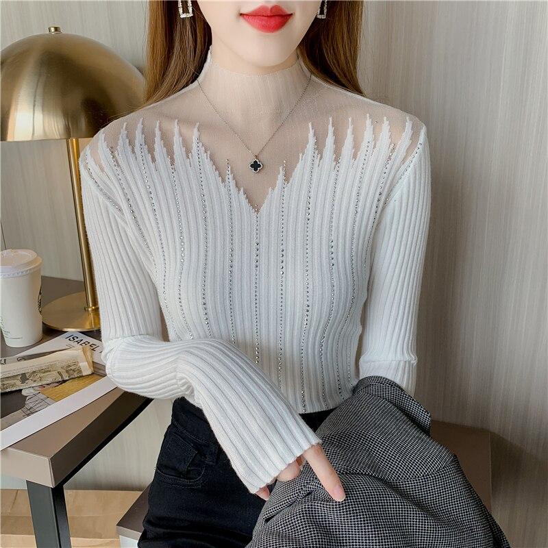 Mode Halb Hohen Kragen Sexy Diamant Pullover Gespleißt Mesh Stricken Tops Herbst Und Winter Frauen Langarm Slim Fit Pullover 29042 One Size weiß