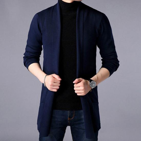 2024 pullover Mäntel Männer Mode Herbst männer Slim Lange Feste Farbe Gestrickte Jacken Mode Männlichen Casual Pullover Strickjacke Outwear M navy blau