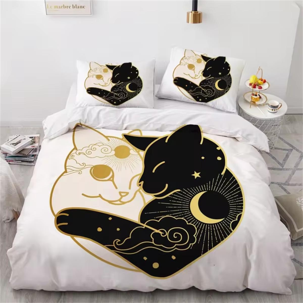 3D-Bettwäscheset in Schwarz, Kissenbezug, King-Size-Bett, Queen-Size-Bett, Einzelbett 200 x 200, Bettwäsche, Gold-Design, 3D-gedrucktes Bettbezug-Set für Teenager und Frauen EU Single 135x200cm