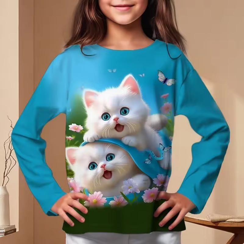 Kinderbekleidung Mädchen T-Shirts Langarm Kinder T-Shirt Cartoon Rundhals Katzenprint Lässig Kinder Sommerkleidung Mädchen Top T-Shirt 150 blue