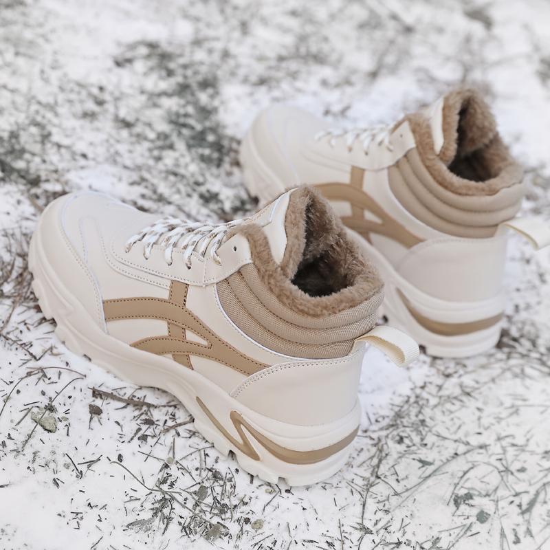TUINANLE Damen Winterschuhe, Plüsch, klobige Sneakers, Schnürschuhe, lässig, hohe Oberteile, warme Schuhe, Stiefeletten, Größe 35–42 37 beige
