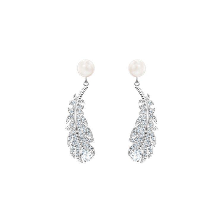 Swarovski Nice Hängende Ohrringe Rhodinierte Ohrringe Perlen Feder Ohrringe für Damen 5496052 Box (Random Color)