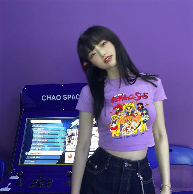 Sailor Moon Print Harajuku Goth Weibliche Frauen T-shirts Kawaii Kurze Anime T Shirt HipHop Sommer Frauen Streetwear Crop Tops Y2k S violett