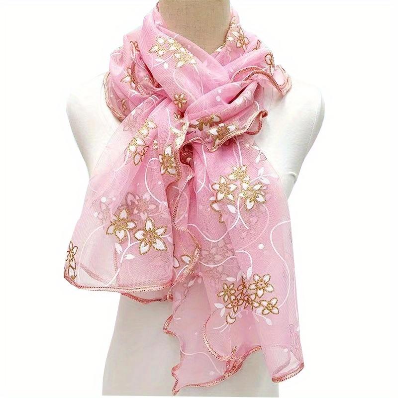 Schal mit Rüschen und Blumenstickerei, elegant, einfarbig, atmungsaktiv, Schal für Damen, Kopftuch, winddicht, Hijab, Turban, Reise-/Strandtuch rosa