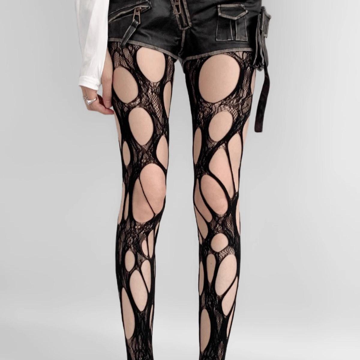 Schwarze Rissige Fischgrätstrumpfhosen Damen Durchbrochene Strumpfhosen Gothic Unregelmäßige Löcher Ausgeschnittene Netz-Spitzen-Strumpfhosen Cosplay Party Strumpfhosen gray