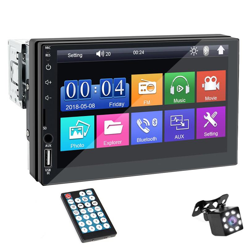 Hippcron Autoradio MP5-Player 1 Din Bluetooth HD 7 Touchscreen Multimedia FM ISO Power Aux-Eingang Bluetooth USB Mirror Link With 8LED Camera