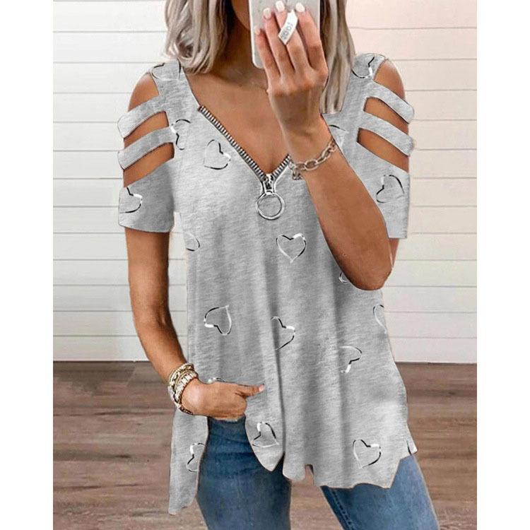 Sommer frauen V-ausschnitt Zipper Hohl Kurzarm Top Casual frauen T-shirt Plus Größe frauen Kurzarm S grau