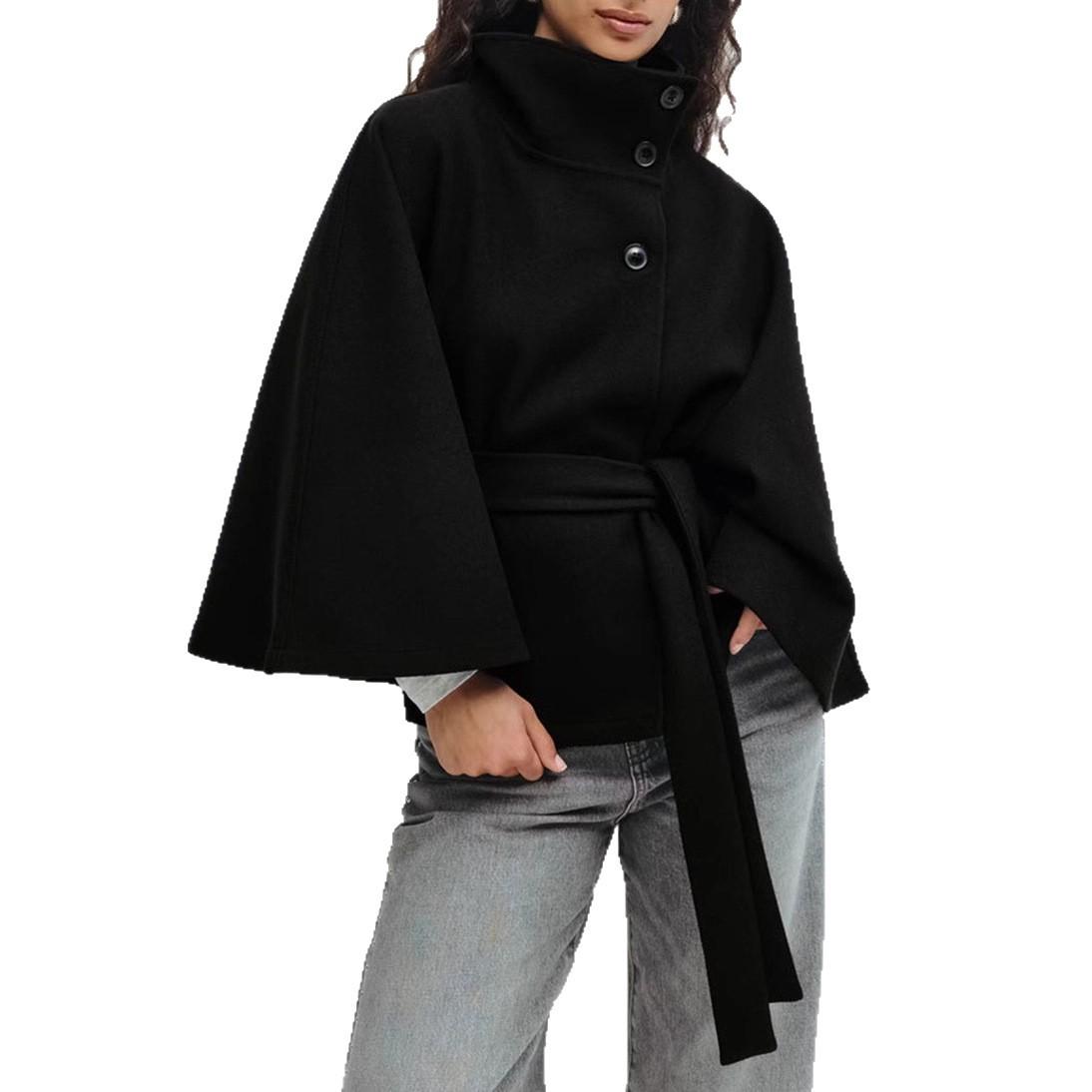 Mode Damen Schnürwolle Umhangmäntel Locker Stehkragen Fledermausärmel Knopf Schwarz Grau Jacken Herbst Streetwear L schwarz