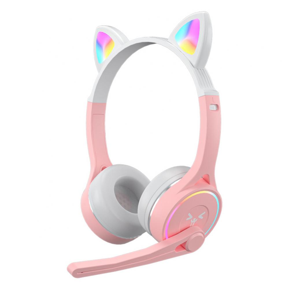 Drahtlose Kopfhörer Nette Katze Ohr Bluetooth 5,0 Headset RGB Stereo Musik Helm Handy mit Mikrofon Kopfhörer Kinder Geschenk rosa