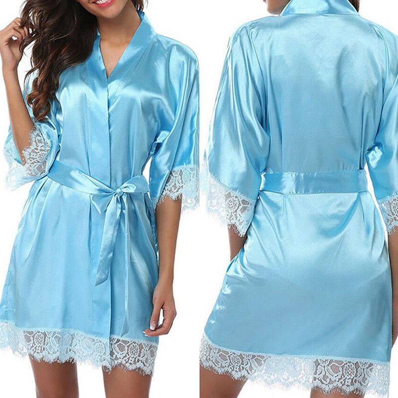 Damen-Sommer-Sexy-Nachthemd, schlichte Seiden-Satin-Roben, Braut, Hochzeit, Brautjungfer, Brautkleid, Bademantel himmelblaue