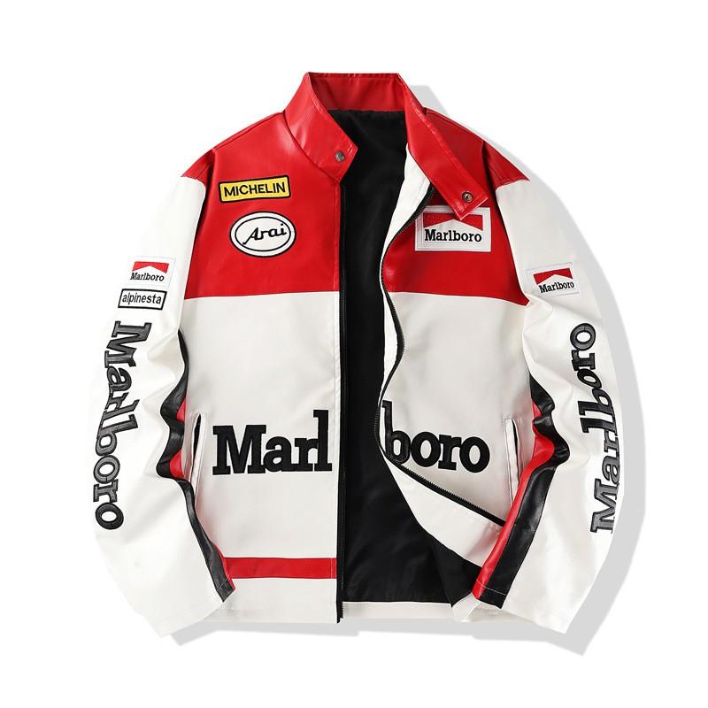 Motorrad-Rennjacke Herren Damen Leder Biker-Mantel Mit Stickerei Marlboro-Stil Sport-Reitbekleidung Large rot