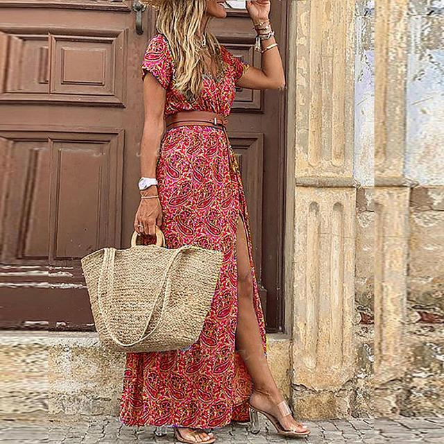 Boho Paisley Print Langes Kleid Damen Vintage V-Ausschnitt Kurzarm Kleider Damen Elegant Großer Saum Gürtel Strandkleid Maxikleid XL dunkelrote