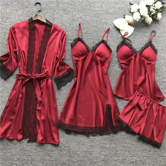 Pyjama-Set für Damen, Cami-Shorts, Nachthemden, Pyjama-Set aus Satinstoff, atmungsaktives Pyjama-Set mit Bademänteln, 5-teiliges Pyjama-Set, Nachtwäsche, Loungewear-Nachthemden XXXL rot