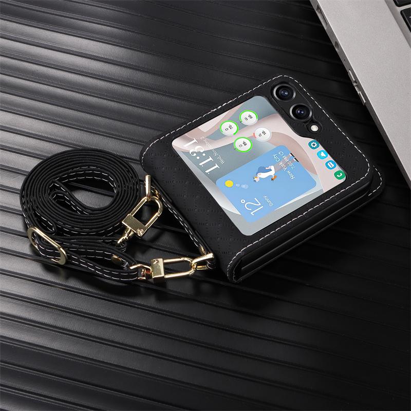 Umhängeleder Karten Solt Geldbörse Tasche Hülle Für Samsung Galaxy Z Flip 5 4 3 5G Flip5 Tragbarer Halter Lanyard Tasche Abdeckung For Z Flip 3 gray