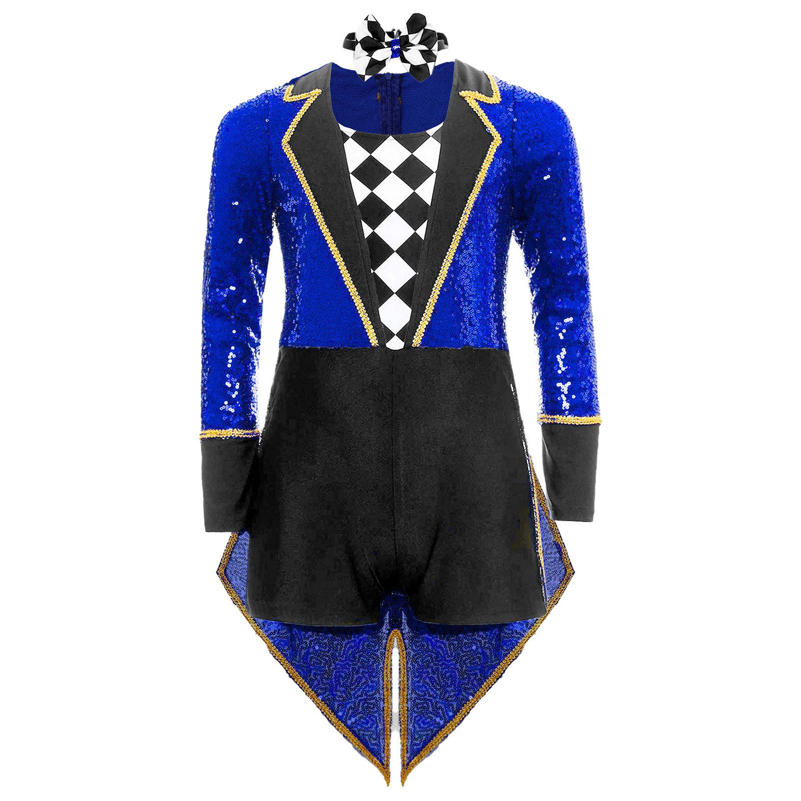 Unisex Kinder Zirkusmagier Kostüm Langarm Pailletten Schachbrett Frack Bodysuit Fliege Cosplay Outfit 5-6 Years königsblau
