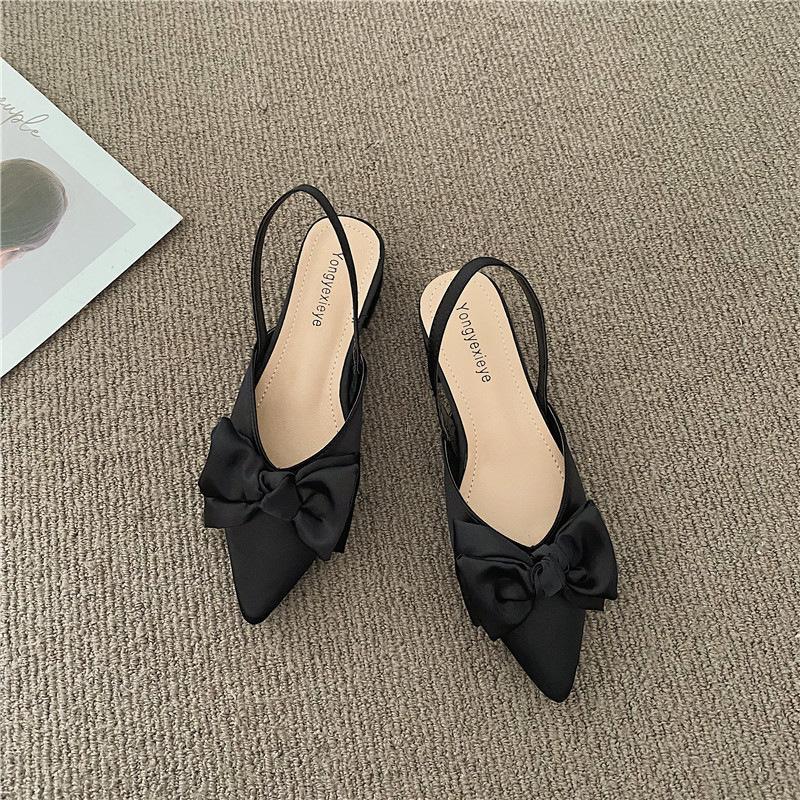 Bogen Sandalen Frauen Sommer Spitz Niedrigen Absatz Sandalen Frauen Mode Baotou Dünnen Riemen Sandalen High Heels Alias 39 coole schwarze
