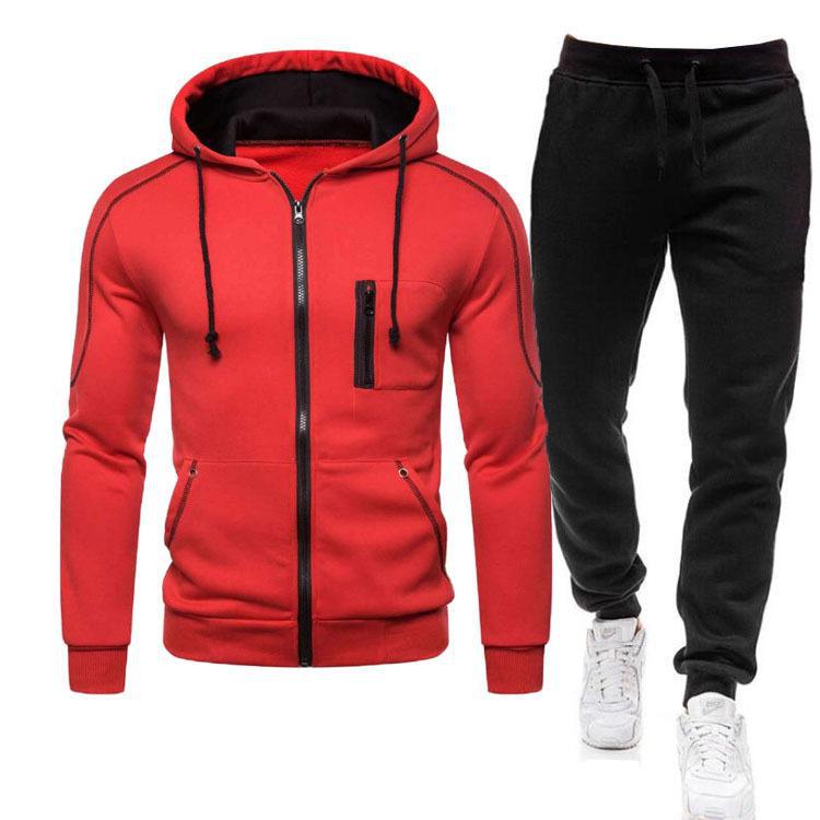 Herren 2024 Einfarbiges Reißverschluss-Hoodie- und Jogginghosen-Set - Digitale Freizeitsportbekleidung XXXL rot