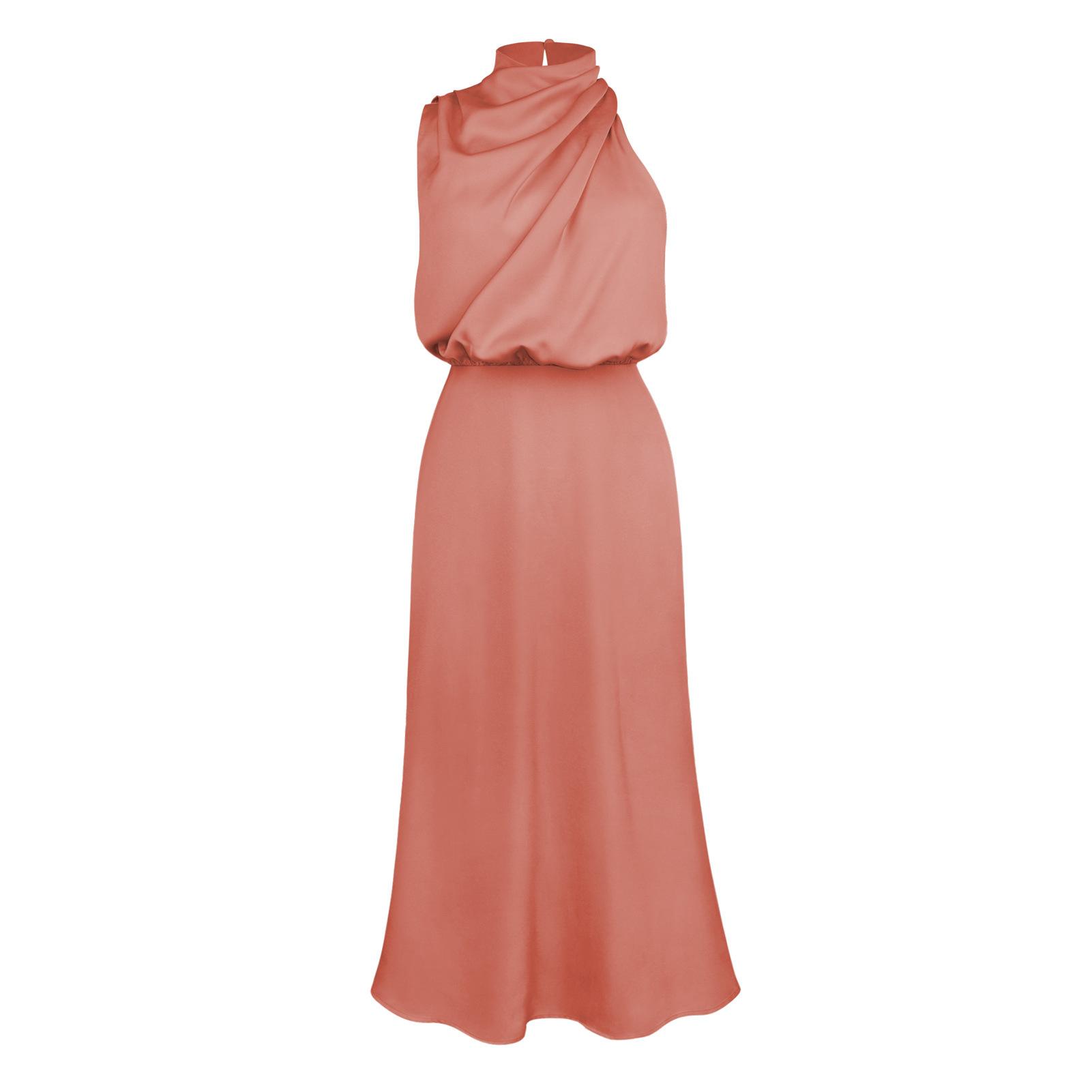 Damen-Sommer-Abendkleid, ärmellos, elegant, Neckholder, A-Linie, hohe Taille, lange Kleider, einfarbig L rosa