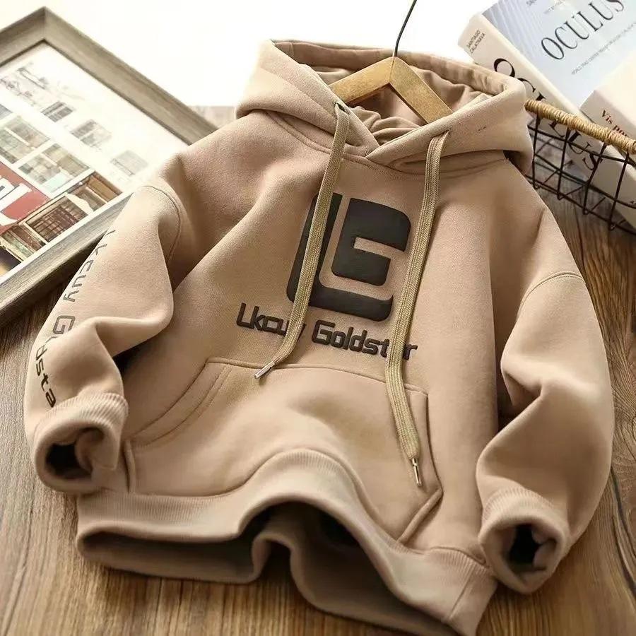 Kinderbekleidung Jungen Plus Samt Dick Kapuzenpullover Herbst und Winter Große Kinder Warme Kinder Oberteile 140 khaki