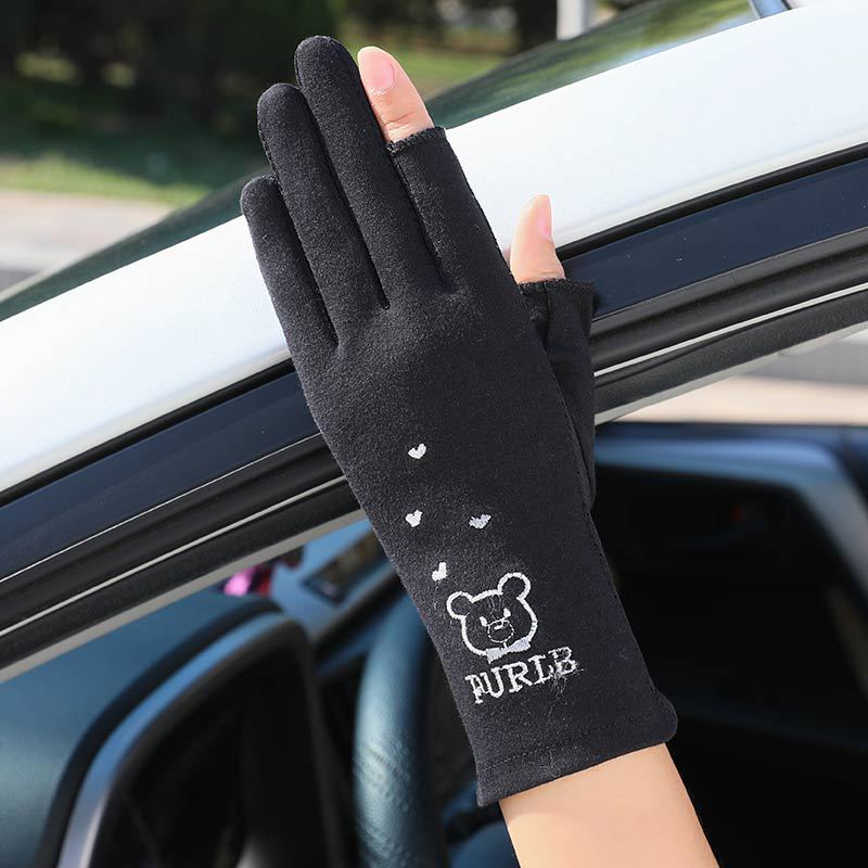 Sonnenschutz Rutschfeste Handschuhe für Damen Dünne Sommer Outdoor Reiten Fahren Elastisch Atmungsaktiv Frühling und Sommer Touchscreen Zwei-Finger-Handschuhe One Size black