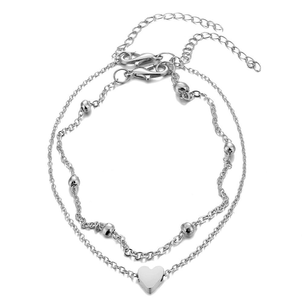 Frauen Fußkettchen Bohemian Layered Herz Fußkettchen Strand Fußkettchen Zu Fuß Knöchel Armbänder Für Frauen Bein Kette silber