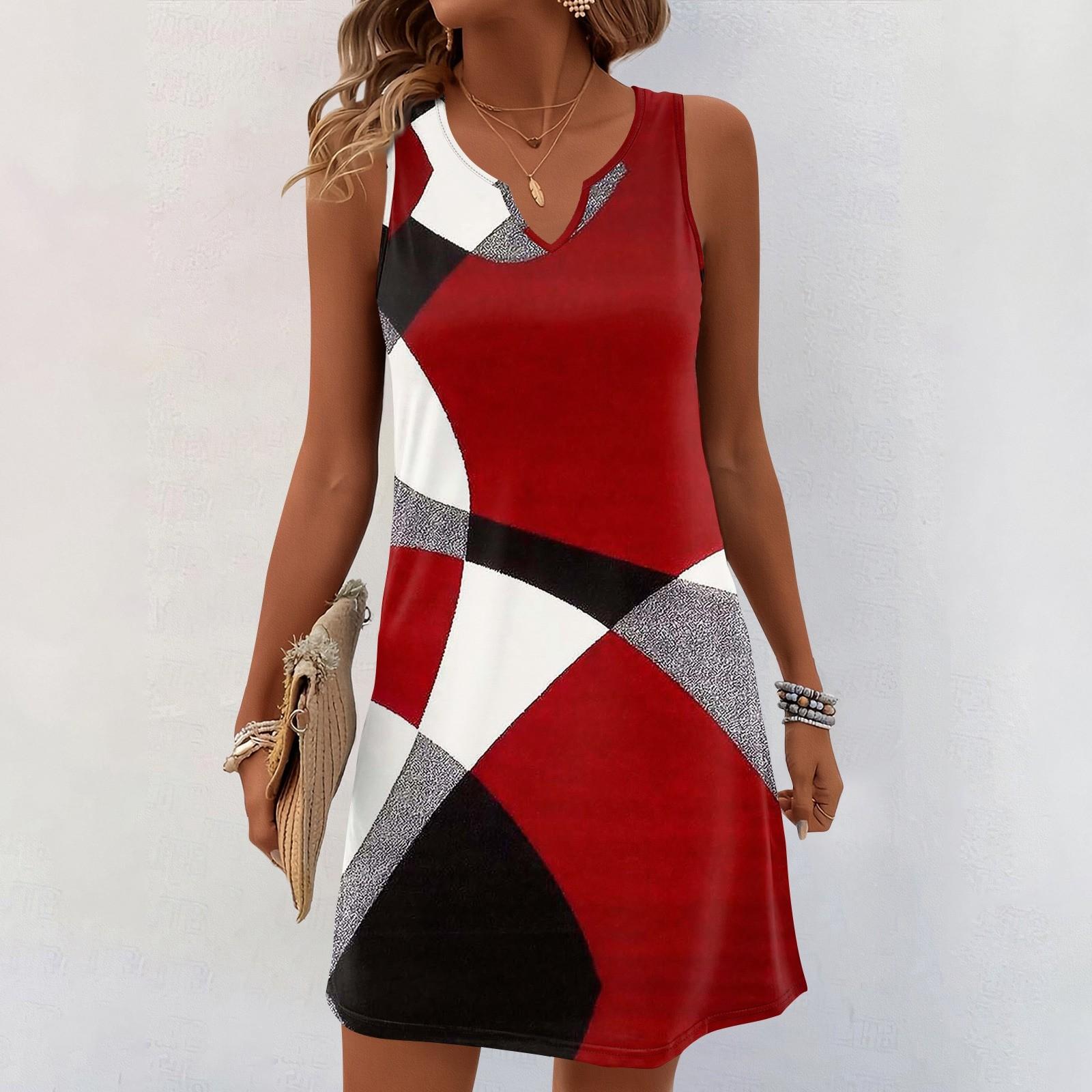 Damen Sommerkleider V-Ausschnitt Print Ärmelloses Sommerkleid Freizeitkleid XXXL rot