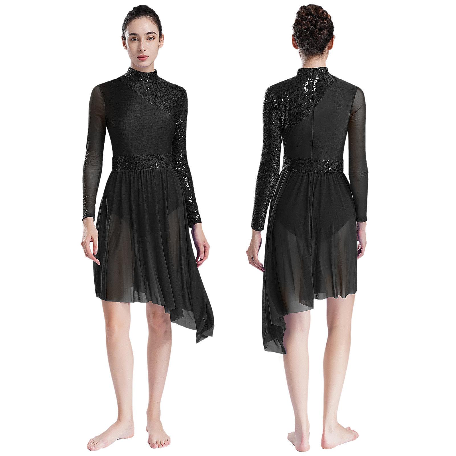 Damen Glitzernde Pailletten Modernes Lyrisches Tanzkleid Langarm Unregelmäßiger Saum Kleider Performance Kostüm S schwarz